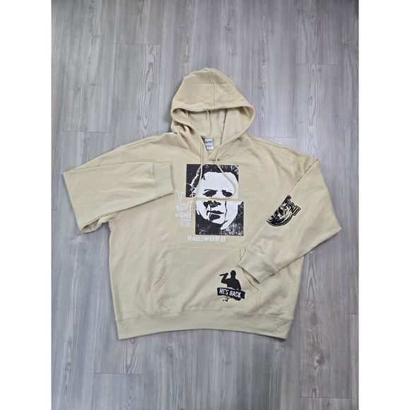 Michael Myers Halloween II Hoodie Mens 2XL Beige Embroidered Graphic Pullover - Picture 1 of 12